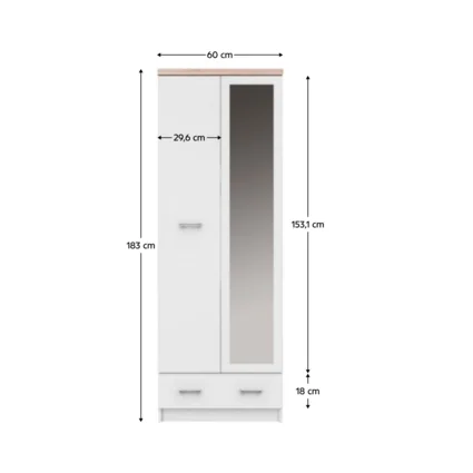 Skriňa so zrkadlom v bielej a dub sonoma farbe s rozmermi 183 cm na výšku, 60 cm na šírku, s dvoma dverami a jednou zásuvkou.