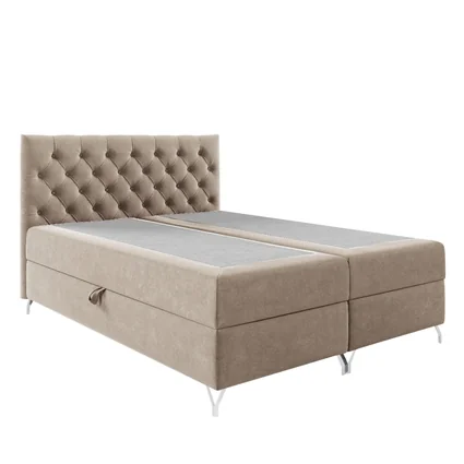 Boxspringová posteľ v béžovej látke Velvet s rozmermi 160x200 cm, model GULIETTE s darčekom, čalúnené čelo a kovové nožičky.