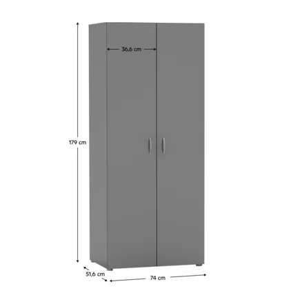 Dvojdverová grafitová skriňa RAMSA 2 s rozmermi 179 cm na výšku, 74 cm na šírku a 51,6 cm do hĺbky.