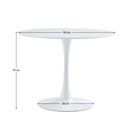 Okrúhly jedálenský stôl s bielym matným povrchom a rozmermi: priemer 110 cm, výška 74 cm, základňa 50 cm.