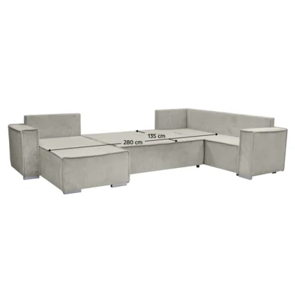 Univerzálna sedacia súprava v tvare U, béžová farba Taupe, model COLIN U UNI, rozložená na spanie s rozmermi 280 cm x 135 cm.