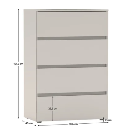 Komoda s rozmermi 101,5 cm na výšku, 68,6 cm na šírku a 40 cm na hĺbku, farba kašmír