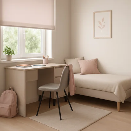 Univerzálny PC stolík v kašmírovej farbe v minimalistickej izbe s oknom, stoličkou a posteľou.