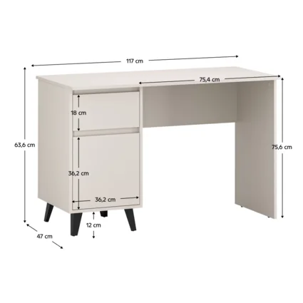 Rozmery univerzálneho PC stolíka BOGAN 1D1S/120 v kašmírovej farbe s rozmermi: výška 75,6 cm, šírka 117 cm, hĺbka 47 cm, výška zásuvky 18 cm, hĺbka zásuvky 36,2 cm a výška nôh 12 cm.