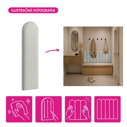 Čalúnený nástenný panel svetlosivý v interiéri, ilustračná fotografia ukazuje panel v predsieni nad lavicou s vešiakmi a zrkadlom.