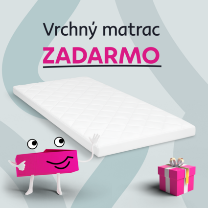 Reklamný obrázok na vrchný matrac zadarmo s kreslenou postavičkou a darčekom, biely matrac na šedom pozadí.
