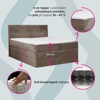 Boxspringová postel MOLLO XL v hnědé barvě s rozměry 140x200 cm. Obsahuje 4 cm topper s odnímatelným potahem, který je možné prát při teplotě 30-40 °C, a dvě boxspringové matrace. Výška postele je 67,5 cm.