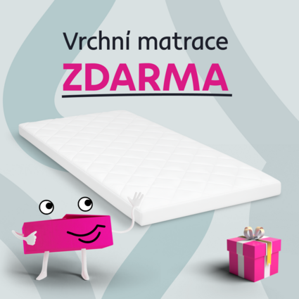 Ilustrace vrchní matrace zdarma s dárkem a veselou postavičkou.