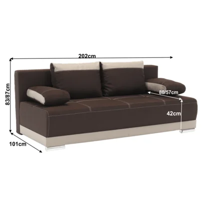 Rozkladacia pohovka v odtieňoch kakaa a čokolády s rozmermi 202 cm dĺžka, 83/87 cm výška, 101 cm šírka a 42 cm výška sedadla.