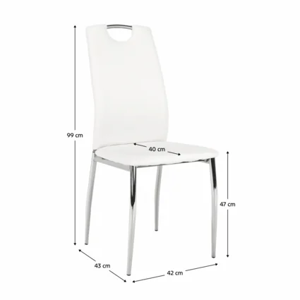 Biela jedálenská stolička z ekokože s chrómovými nohami, rozmery: výška 99 cm, šírka 43 cm, hĺbka 42 cm, výška sedadla 47 cm, šírka sedadla 40 cm.