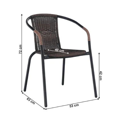 Stohovateľná hnedá stolička s čiernym kovovým rámom a rozmermi 72 cm výška, 63 cm hĺbka, 53 cm šírka, 42 cm výška sedadla, 40 cm hĺbka sedadla
