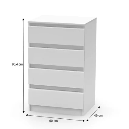 Biela komoda s štyrmi zásuvkami a rozmermi 95,4 cm výška, 60 cm šírka, 49 cm hĺbka.