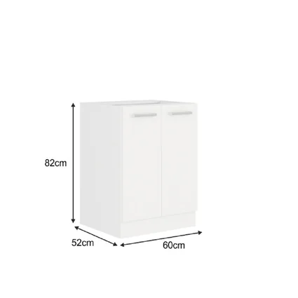 Biela spodná skrinka s rozmermi 82 cm výška, 60 cm šírka a 52 cm hĺbka.