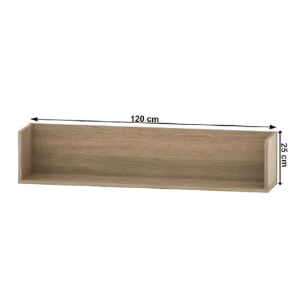 Nástenná polica v dekore dub sonoma s rozmermi 120 cm na šírku a 25 cm na výšku.