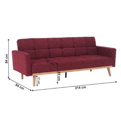 Rozkladacia pohovka bordovej farby s rozmermi 214 cm na dĺžku, 84 cm na výšku a 84 cm na šírku, s drevenými nohami.