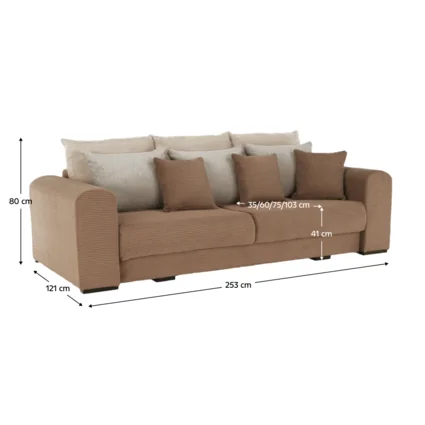 Extra priestranná pohovka GILEN BIG SOFA vo svetlohnedej, béžovej a krémovej farbe s rozmermi a vankúšmi.