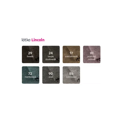 Vzorkovník látok Lincoln s rôznymi farebnými odtieňmi ako hnedá, taupe sivohnedá, svetlohnedá, púdrová ružová, mentolová, sivá a svetlosivá.