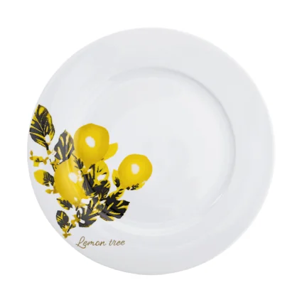 Biely porcelánový tanier s motívom žltých citrónov a nápisom "Lemon tree"