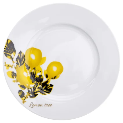 Porcelánový tanier s motívom citrónového stromu a žltými citrónmi na okraji. Dizajn je doplnený nápisom 'Lemon tree'.