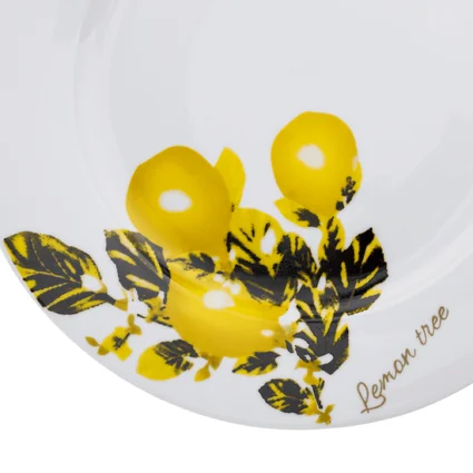 Detailná fotografia porcelánového taniera s motívom citrónovníka v žltej a čiernej farbe.