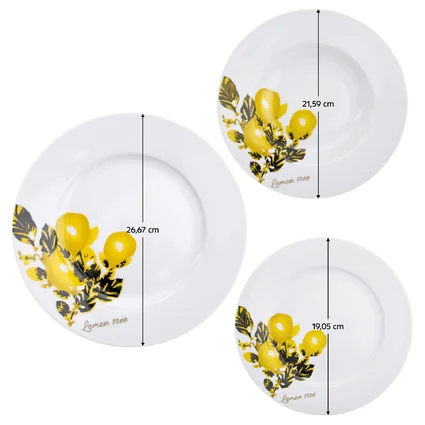 Súprava troch porcelánových tanierov s citrónovým motívom a rozmermi 26,67 cm, 21,59 cm a 19,05 cm.