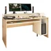 PC stôl alebo herný stôl v dekore dub sonoma a bielej farbe s dvoma monitormi, klávesnicou, myšou a ďalšími doplnkami na pracovnej ploche.